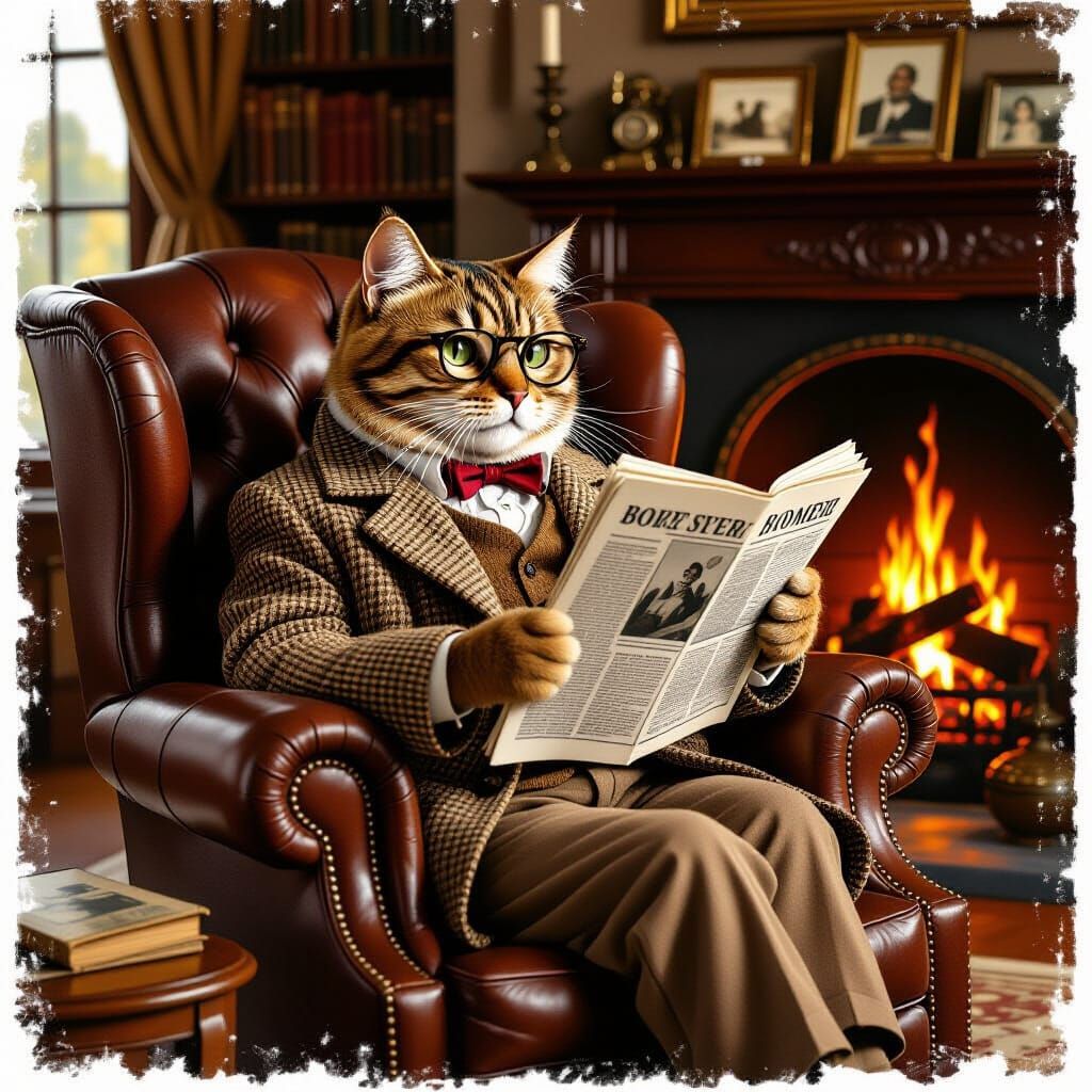 Boomer Cat Reading Newspaper by Fireplace, Vintage Illustrat...