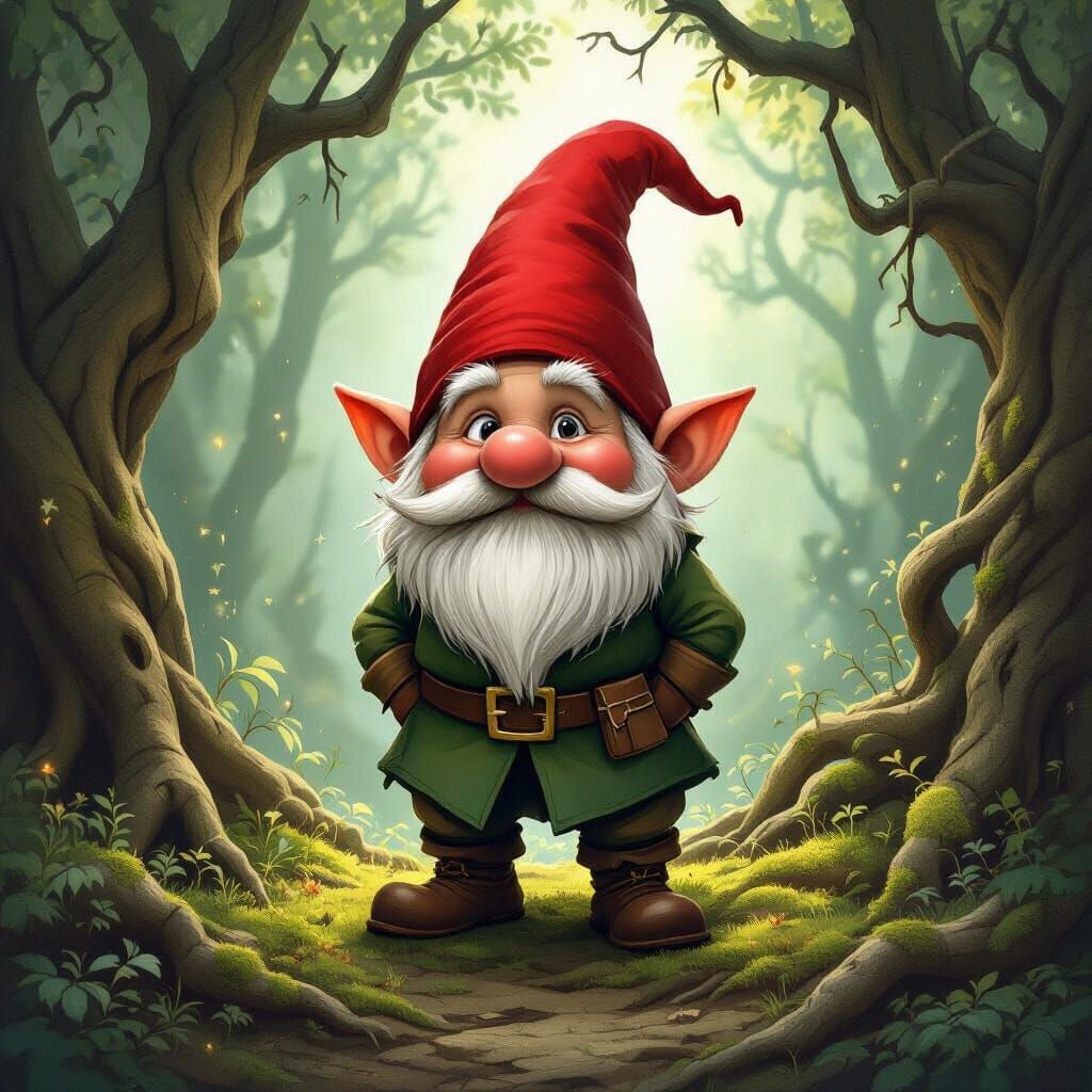 Whimsical Gnome with Bulbous Nose in Enchanted Forest