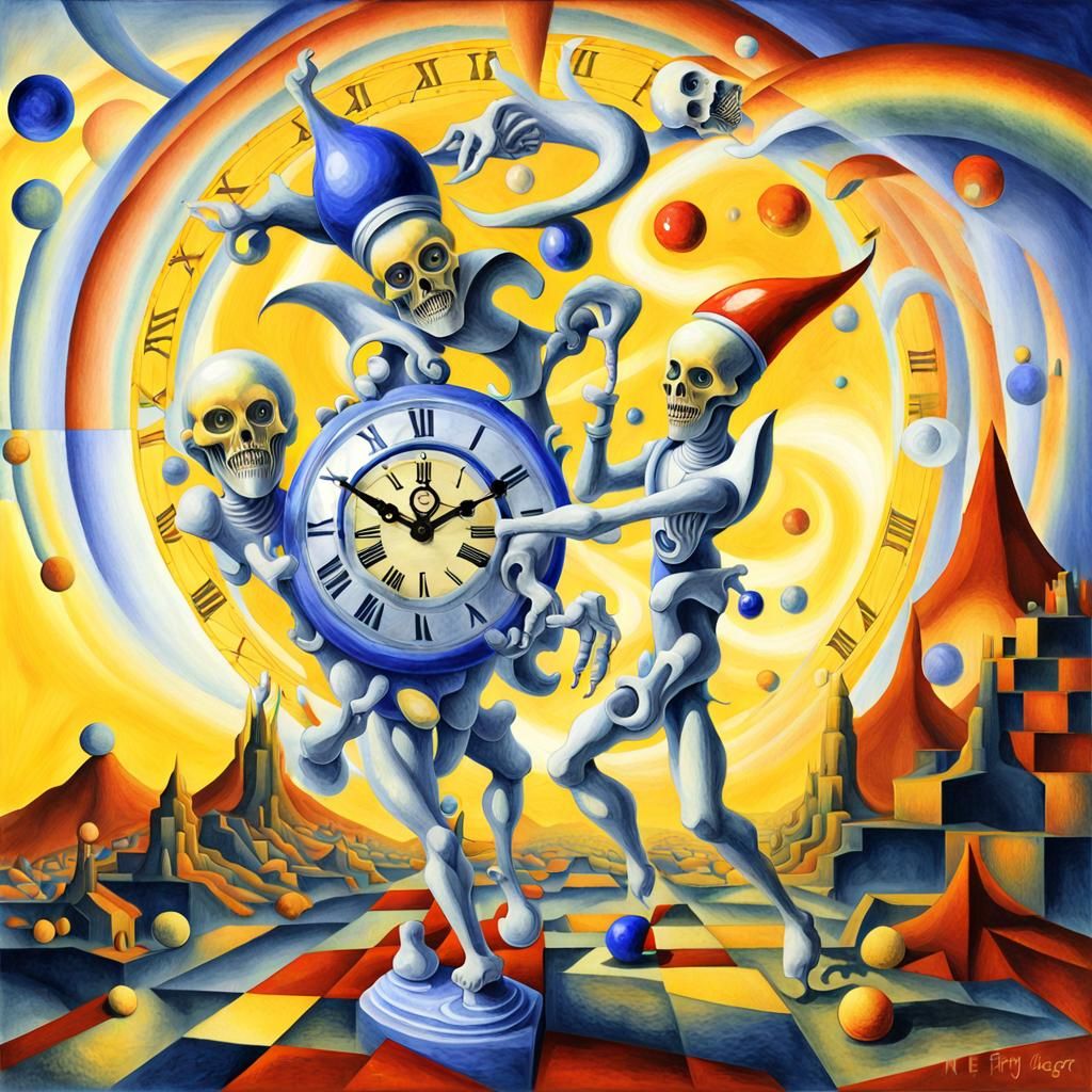 Two yellow jesters with lapiz lazuli cristal clock heads, Mescaline and DMT art, H.R. Giger, M.C. ESCHER, distorted pers...