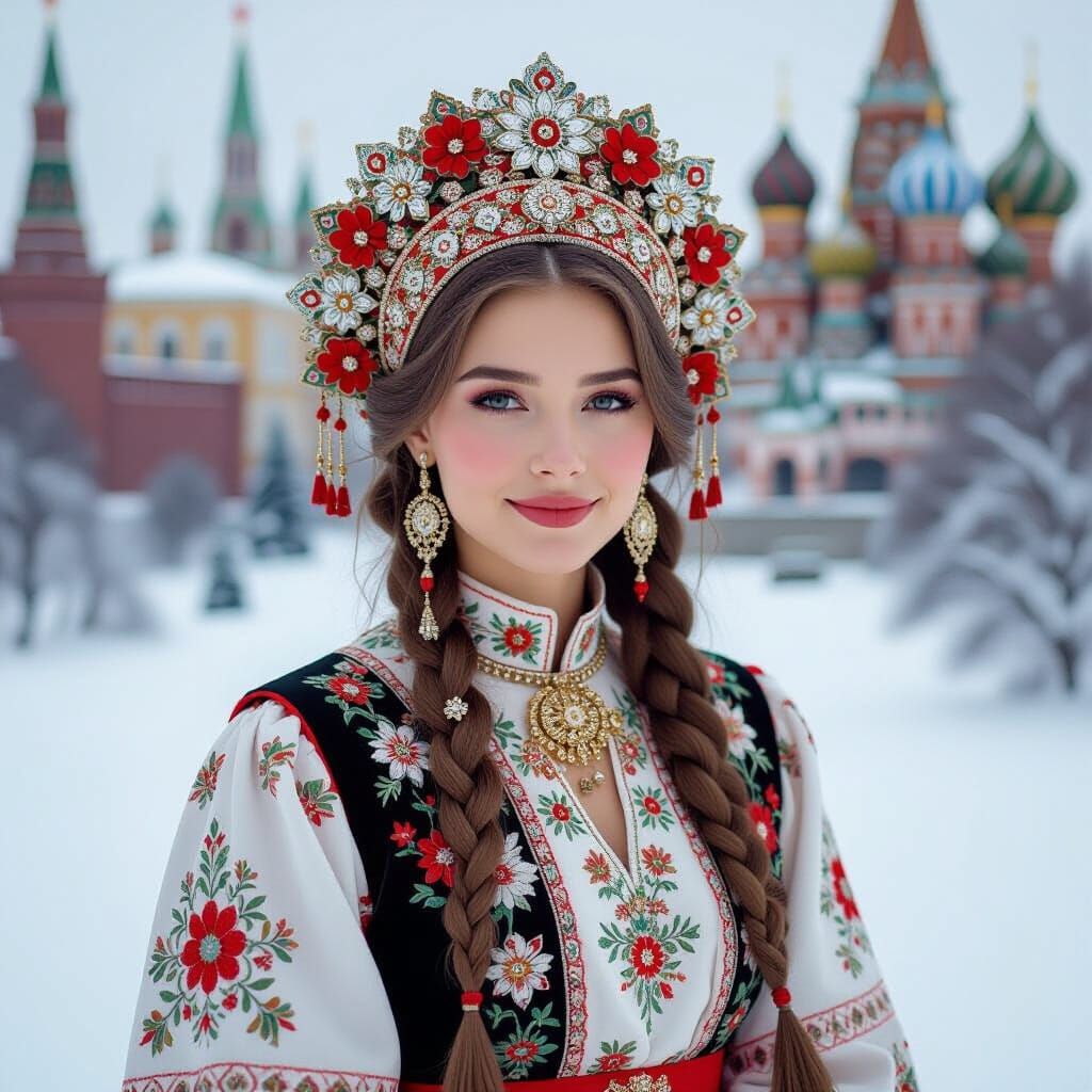 Russian Girl in Traditional Dress, Folk Art Style