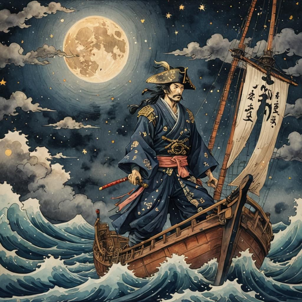 ukiyo-e style art of ship sailing over starry seas; watercol...