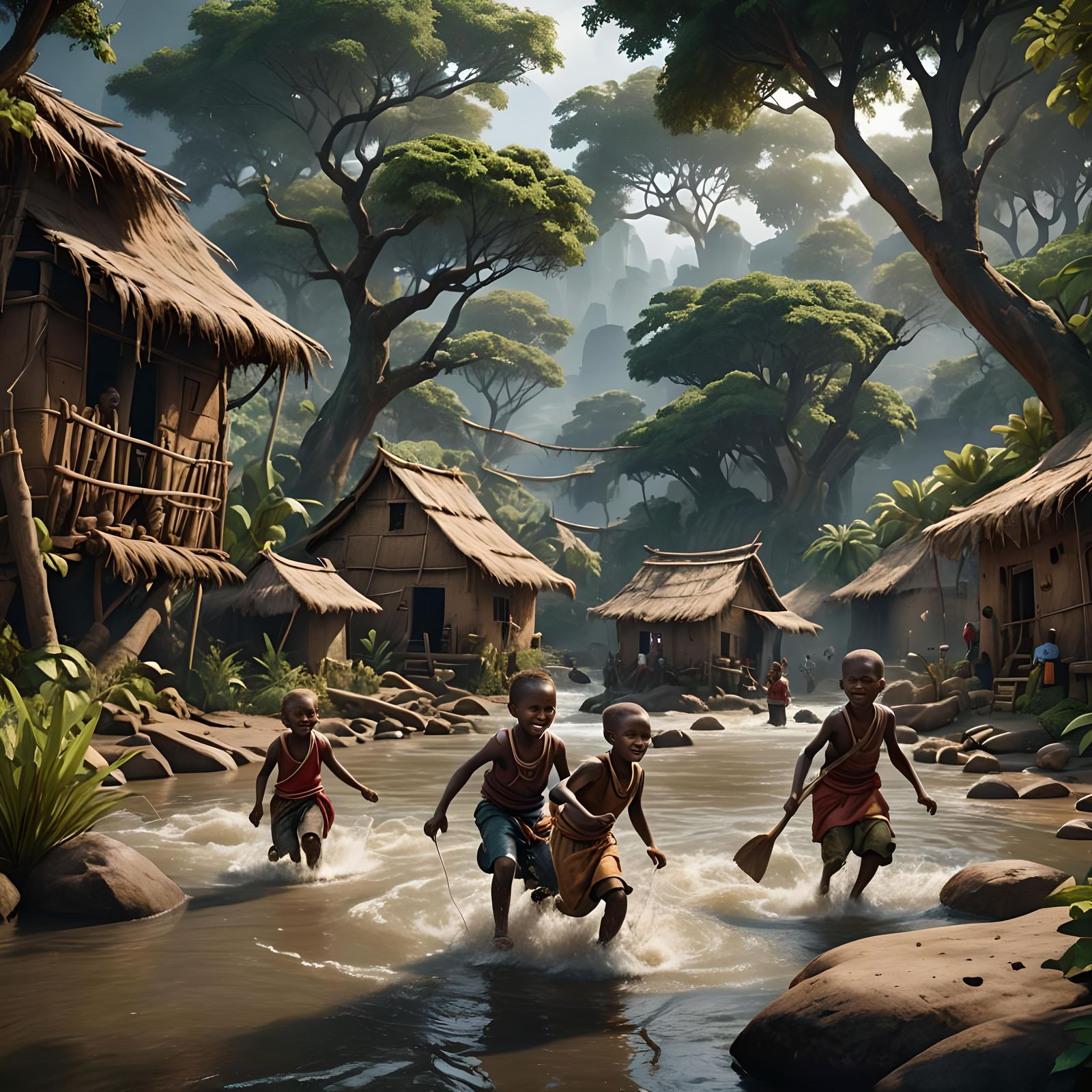 African Village Children Playing: Detailed Matte Painting