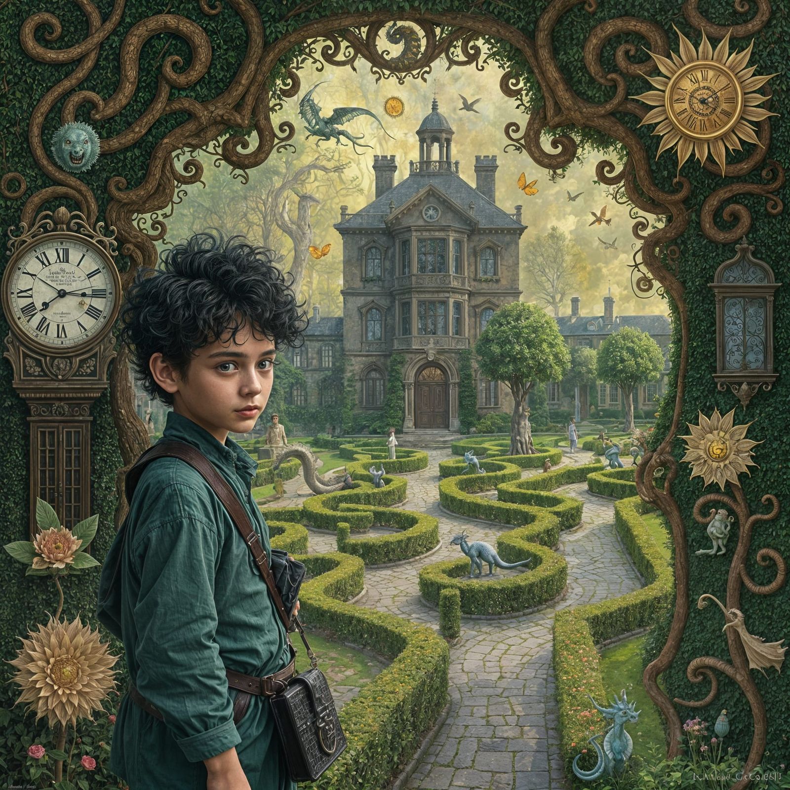 Surreal Garden Maze with Melting Dragons, Watercolor Style