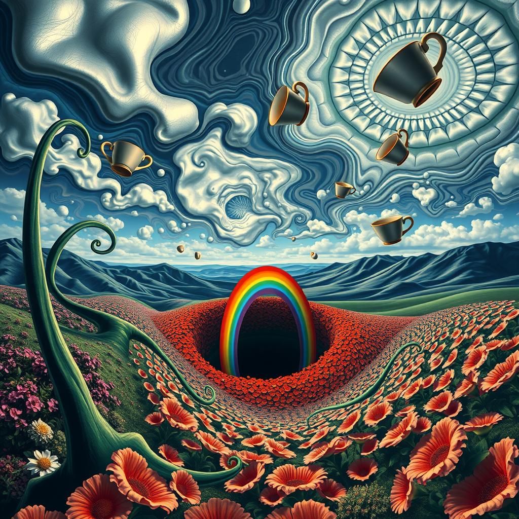 Surreal Landscape with Floating Teacups in Dali Style