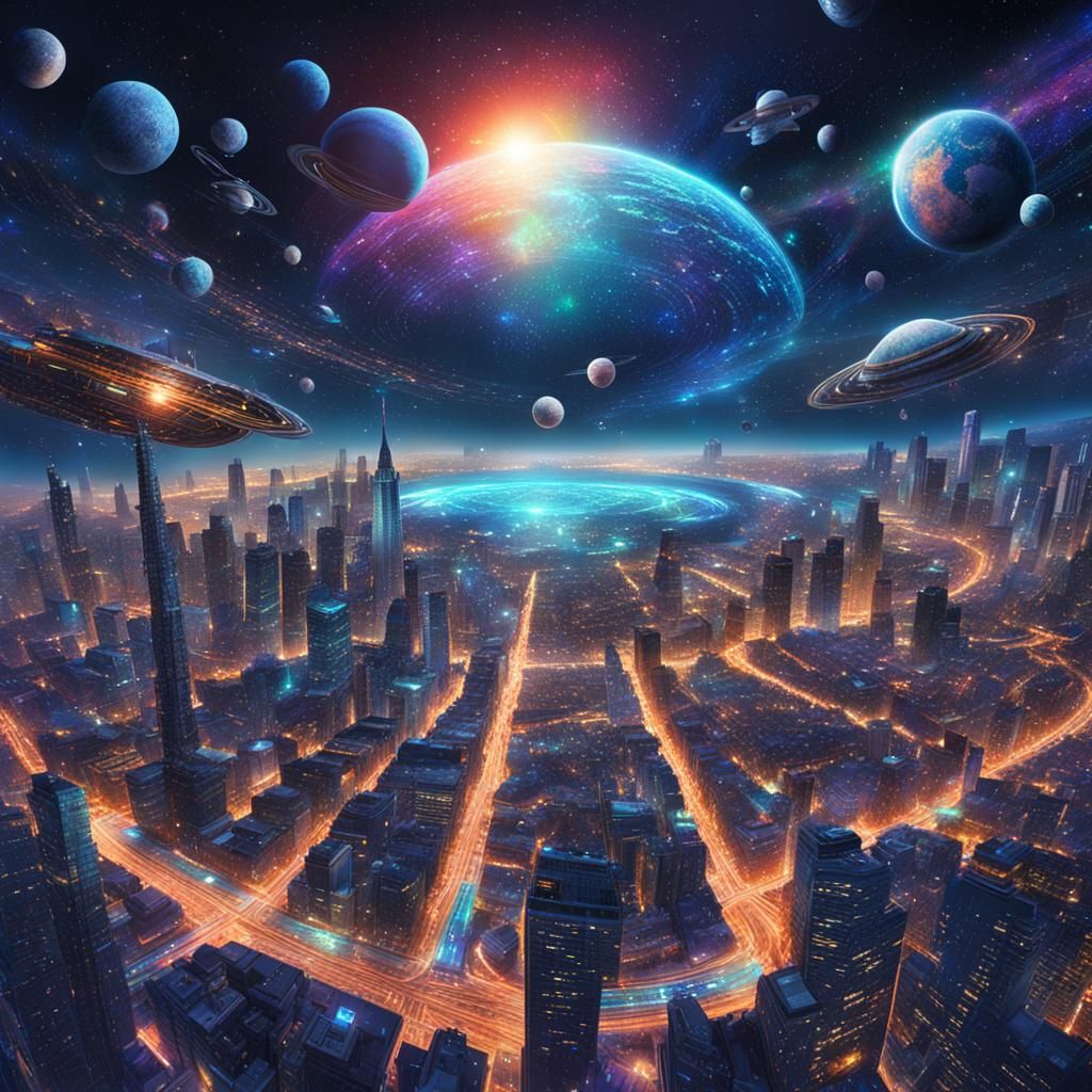 Cosmic Night Cityscapes from Space in Mixed Media