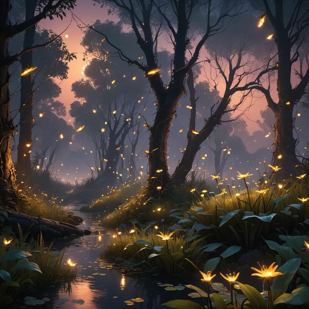 Fireflies at Twilight: Detailed Fantasy Concept Art