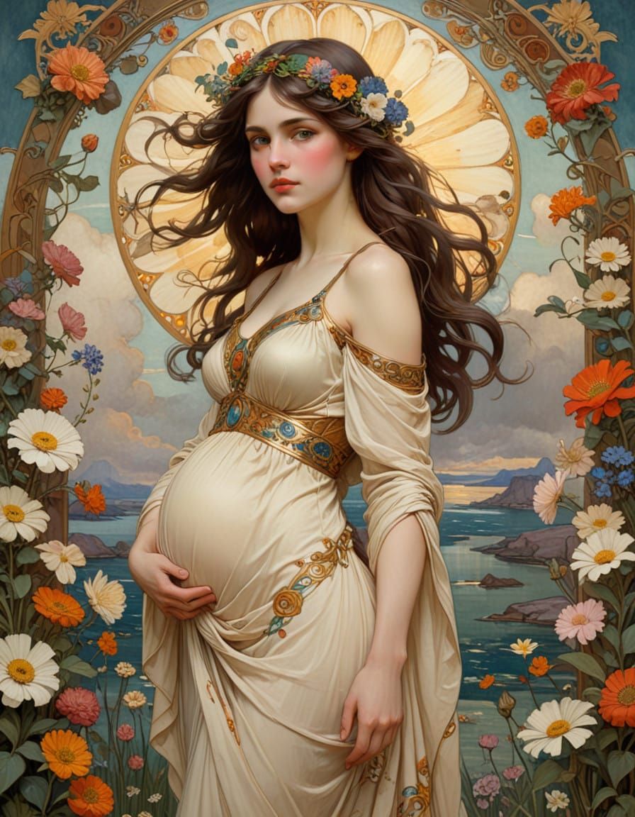 Goddess Demeter Radiates Golden Light in a Field of Blooming...