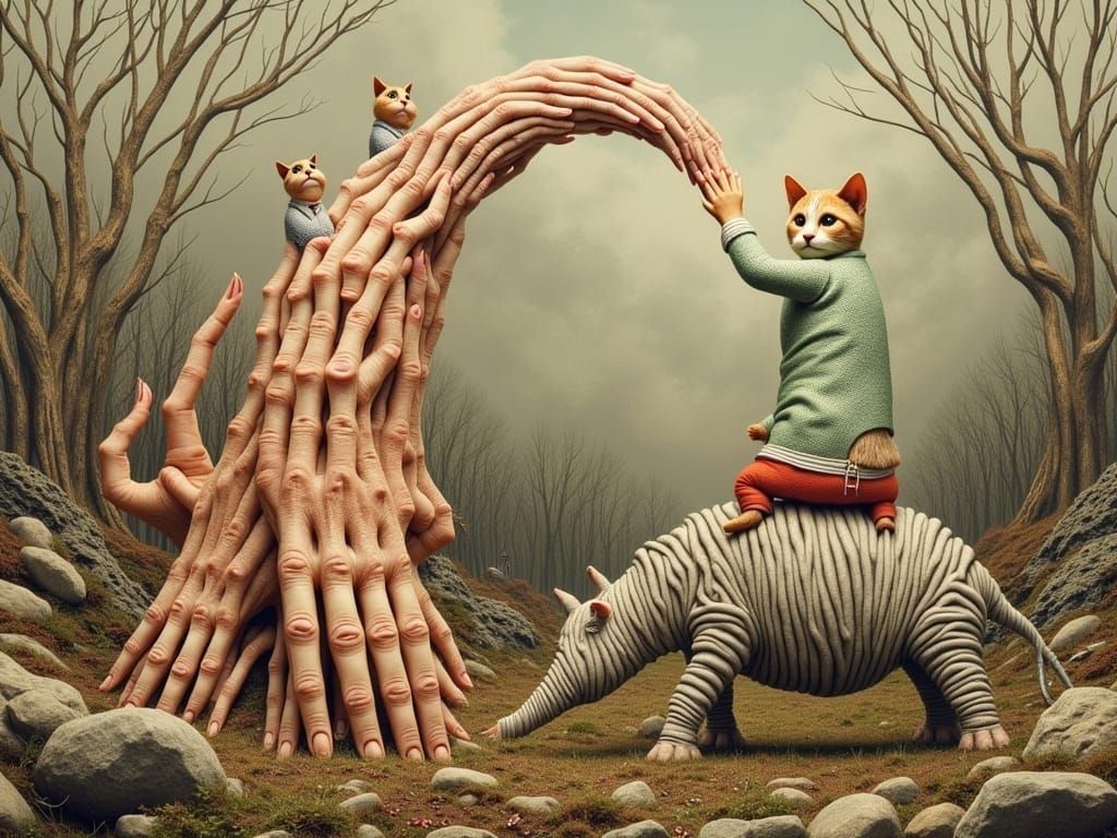 Polkadot Cat in Fingerpunk Hand Bush Wilderness