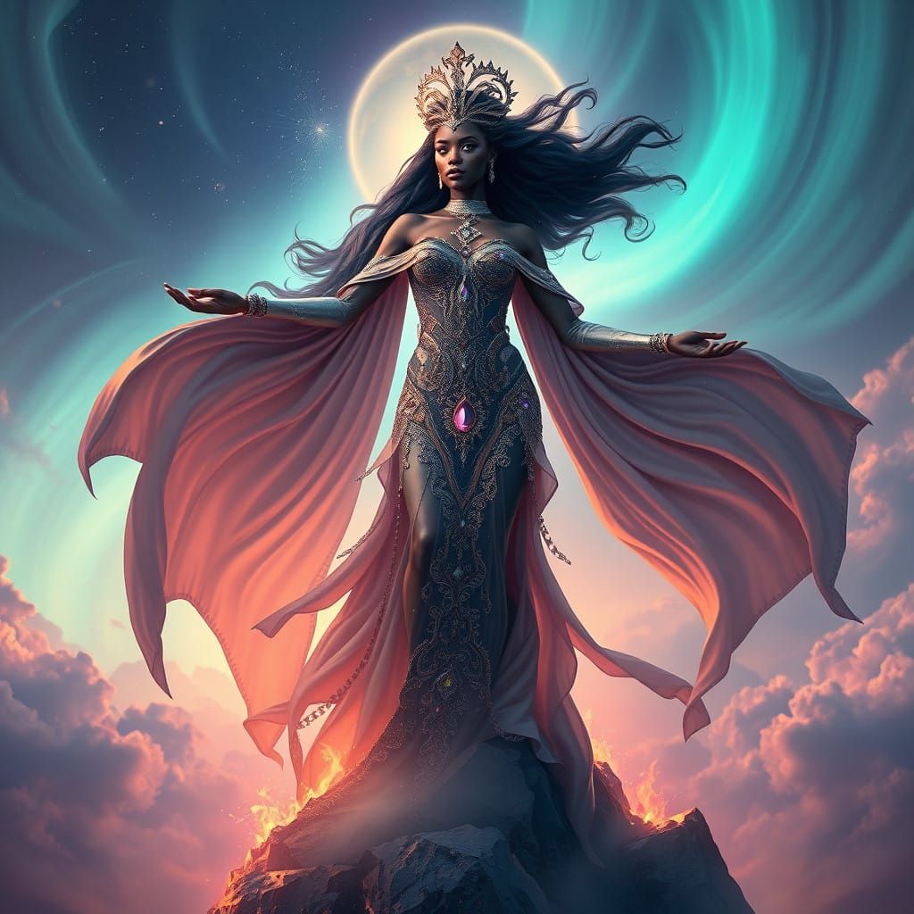 Ebony Goddess of the Sky in Regal, Hyper-Realistic Art