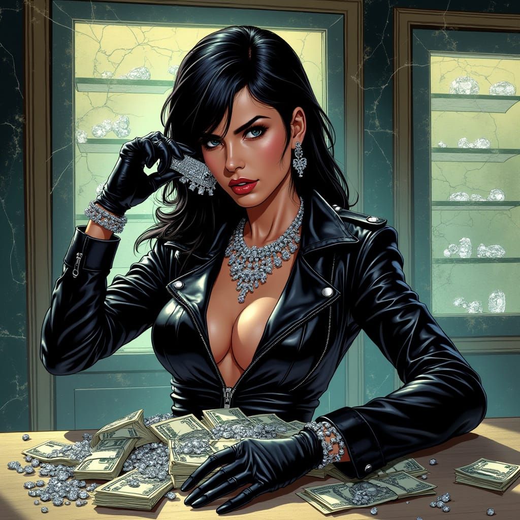 Female Thief in Black Leather Jacket Steals Diamond Necklace...