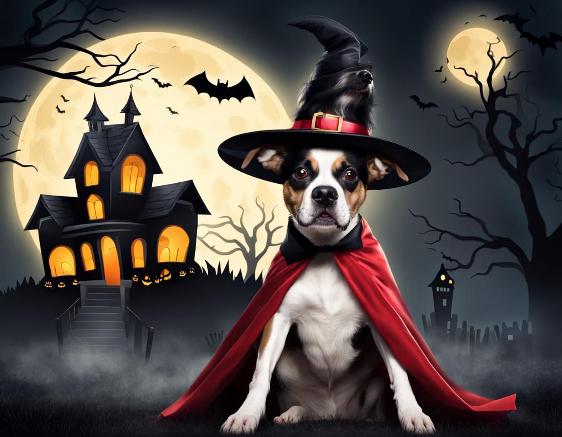 Halloween Dog in Cape with Haunted House