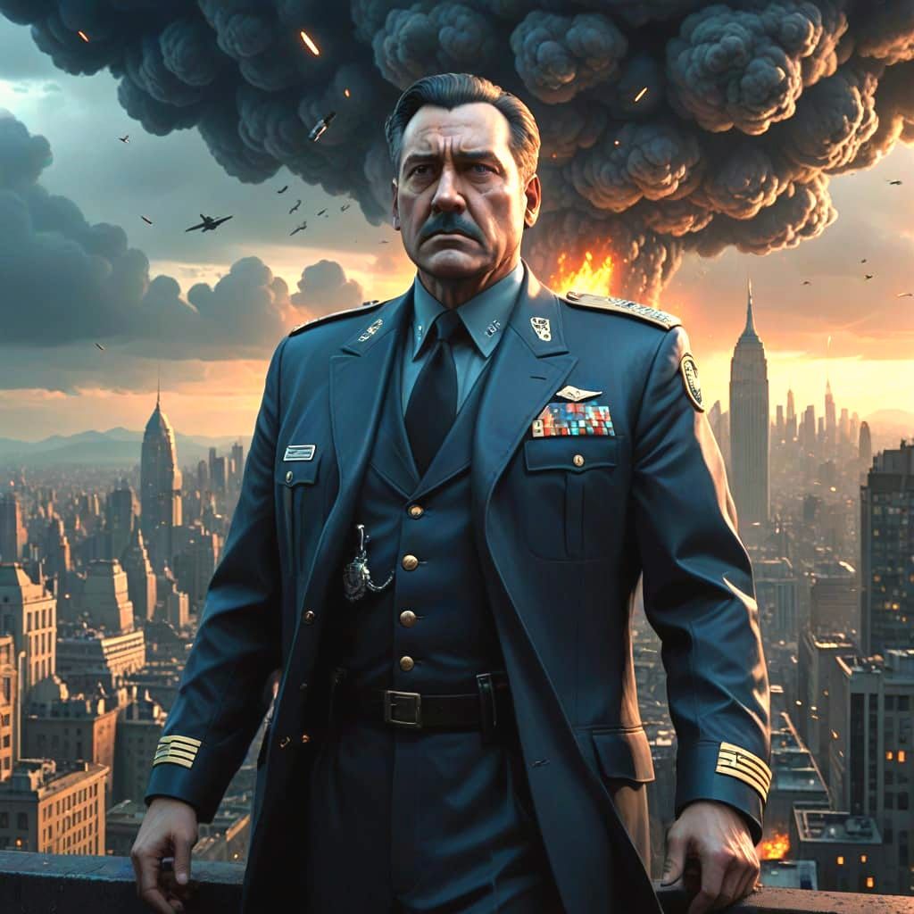 Dystopian Cityscape with Dictator Hologram