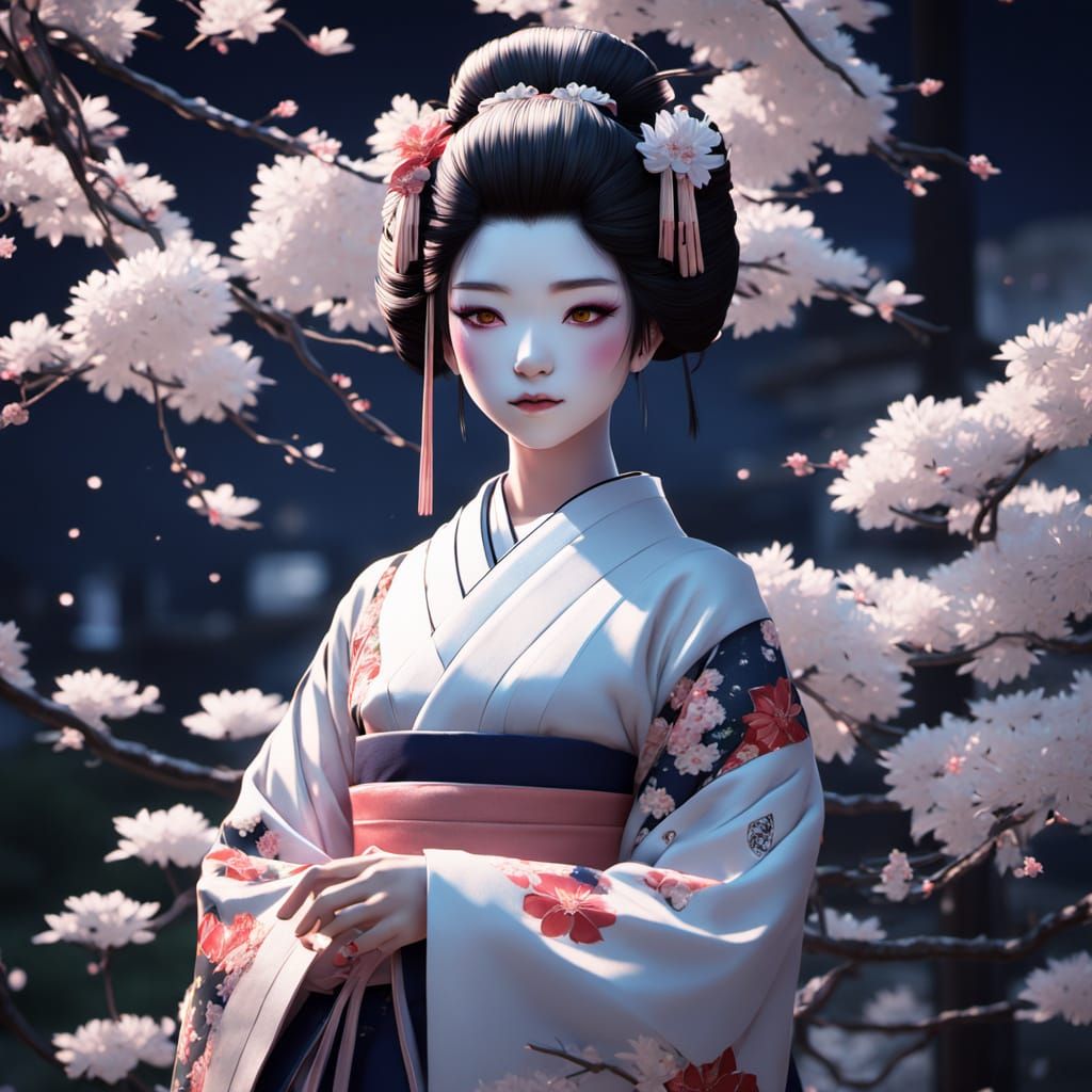 Geisha Princess in Moonlit Garden Anime Art