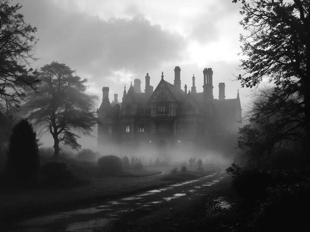 Tudor Mansion in Mystical Black and White Dawn