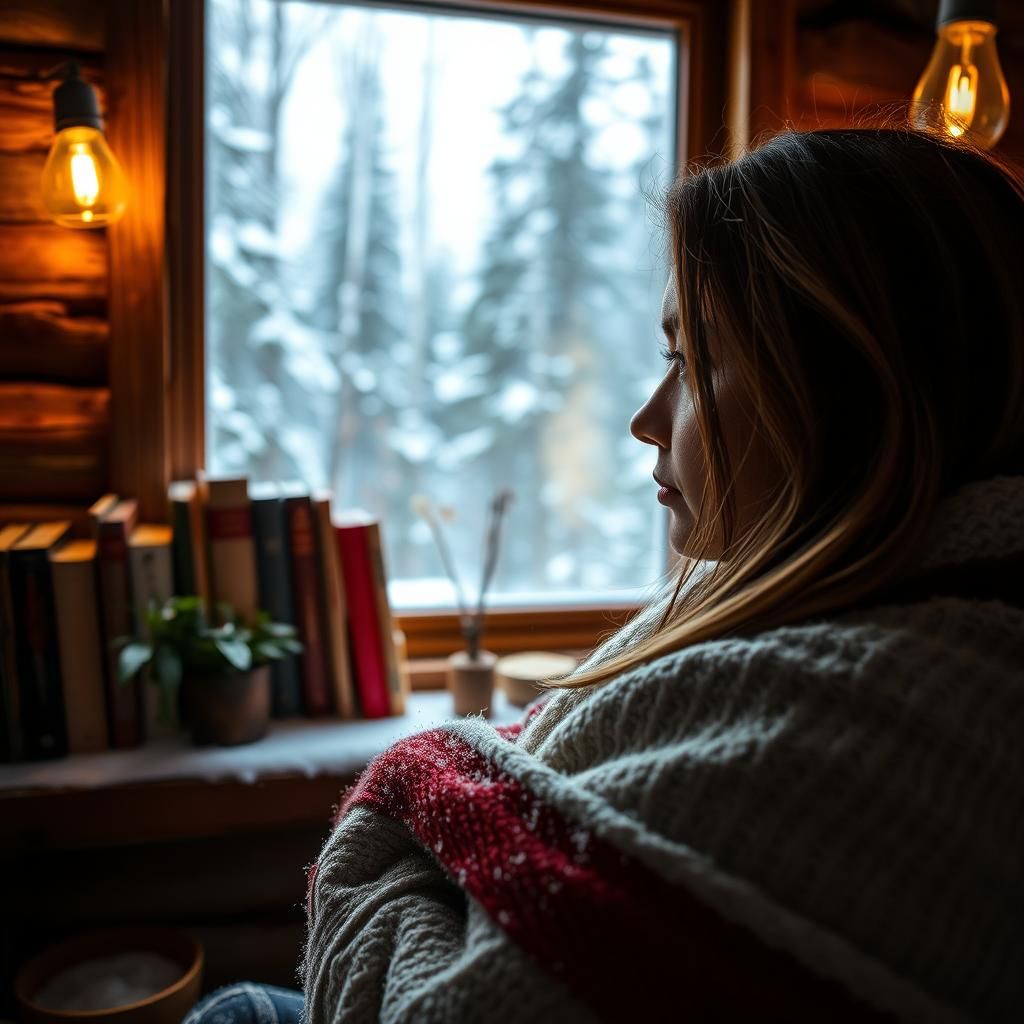 Woman in Cabin Window: Warm Atmospheric Lighting