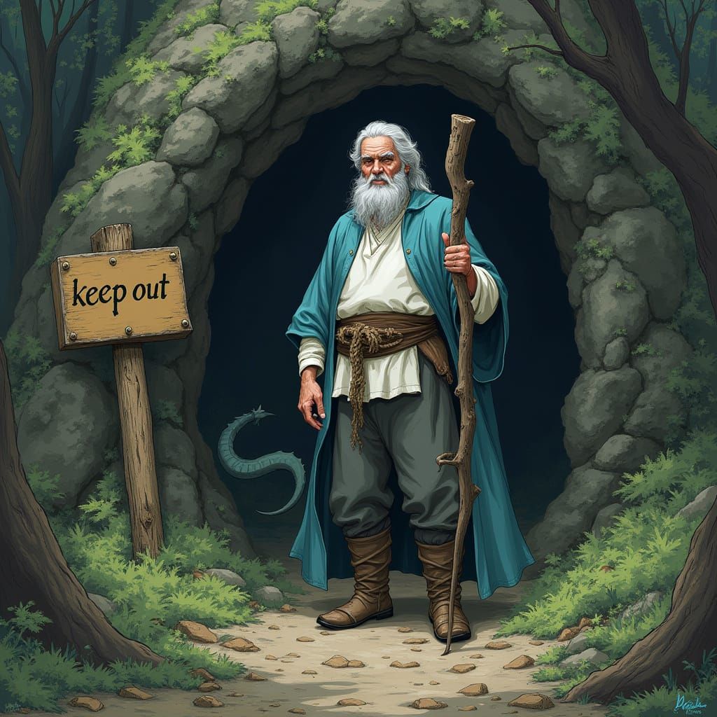 Old Man and Dragon's Cave, Digital Art