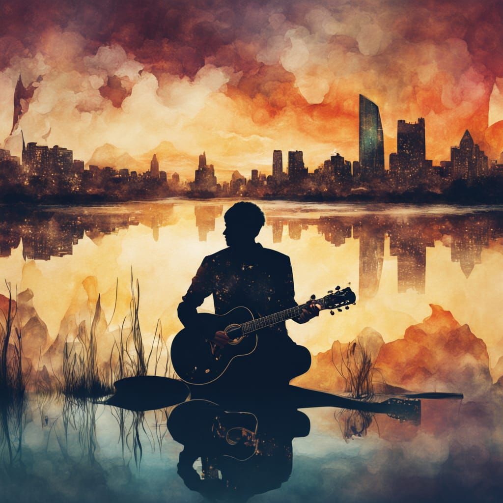 Guitarist Amidst City Sunrise