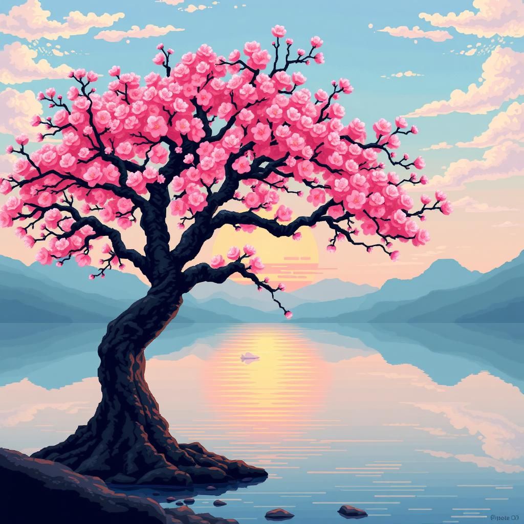 Sakura Tree Pixel Art Sunrise Over Misty Lake