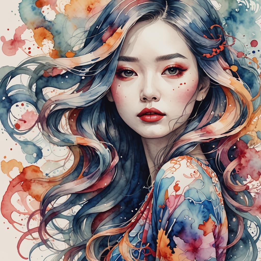 Watercolor Girl with Chinese Dress, Fading Effect