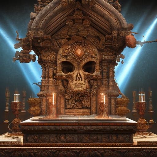 Bejeweled Skull on Altar in Ruined Temple
