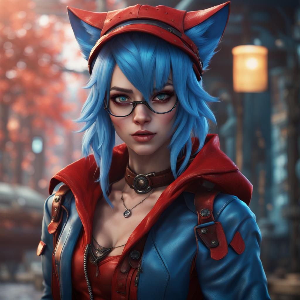 Blue-Haired Catgirl in Red Leather Coat: Fantasy Art