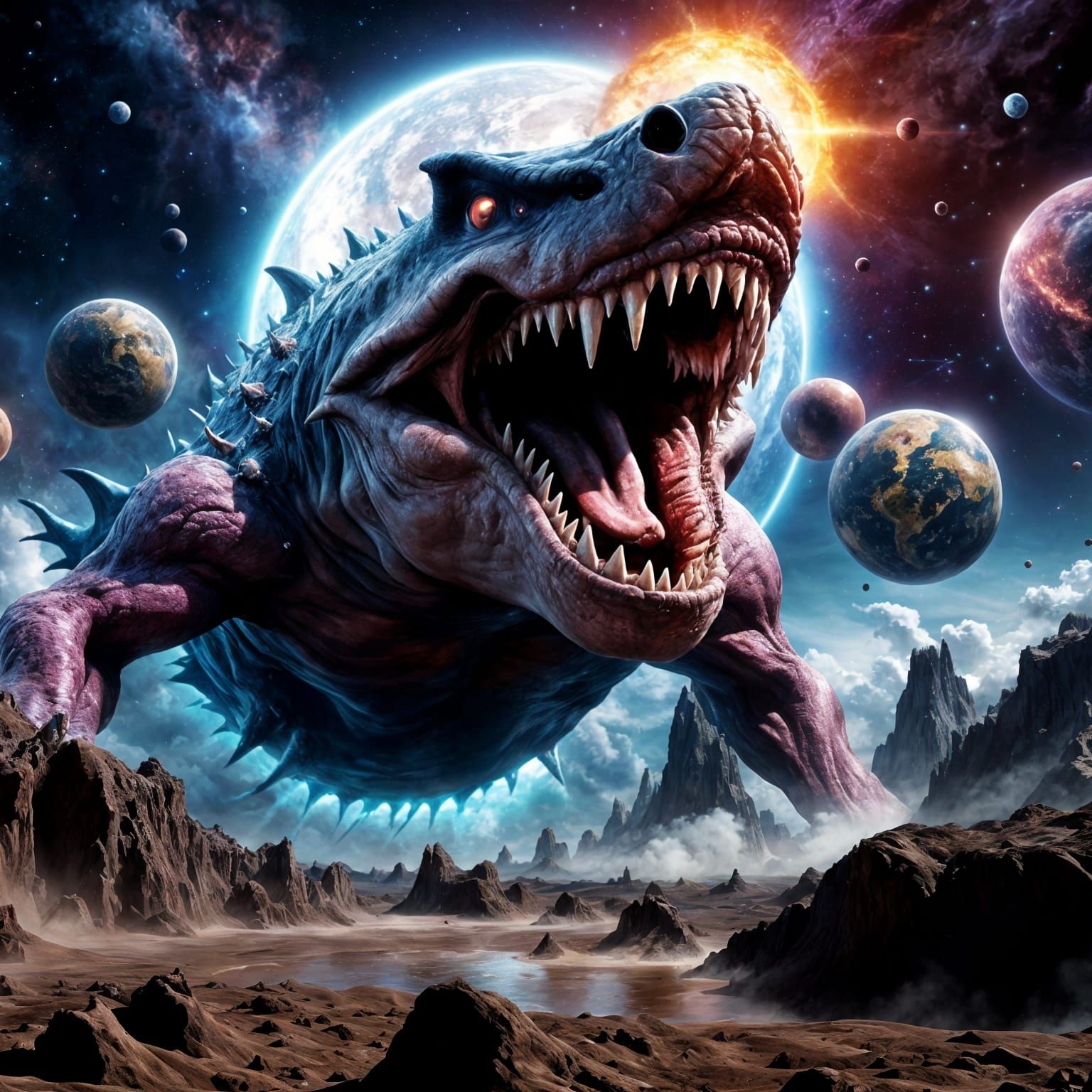 Cosmic Monster Devouring Earth in Hyperdetailed Horror Scene