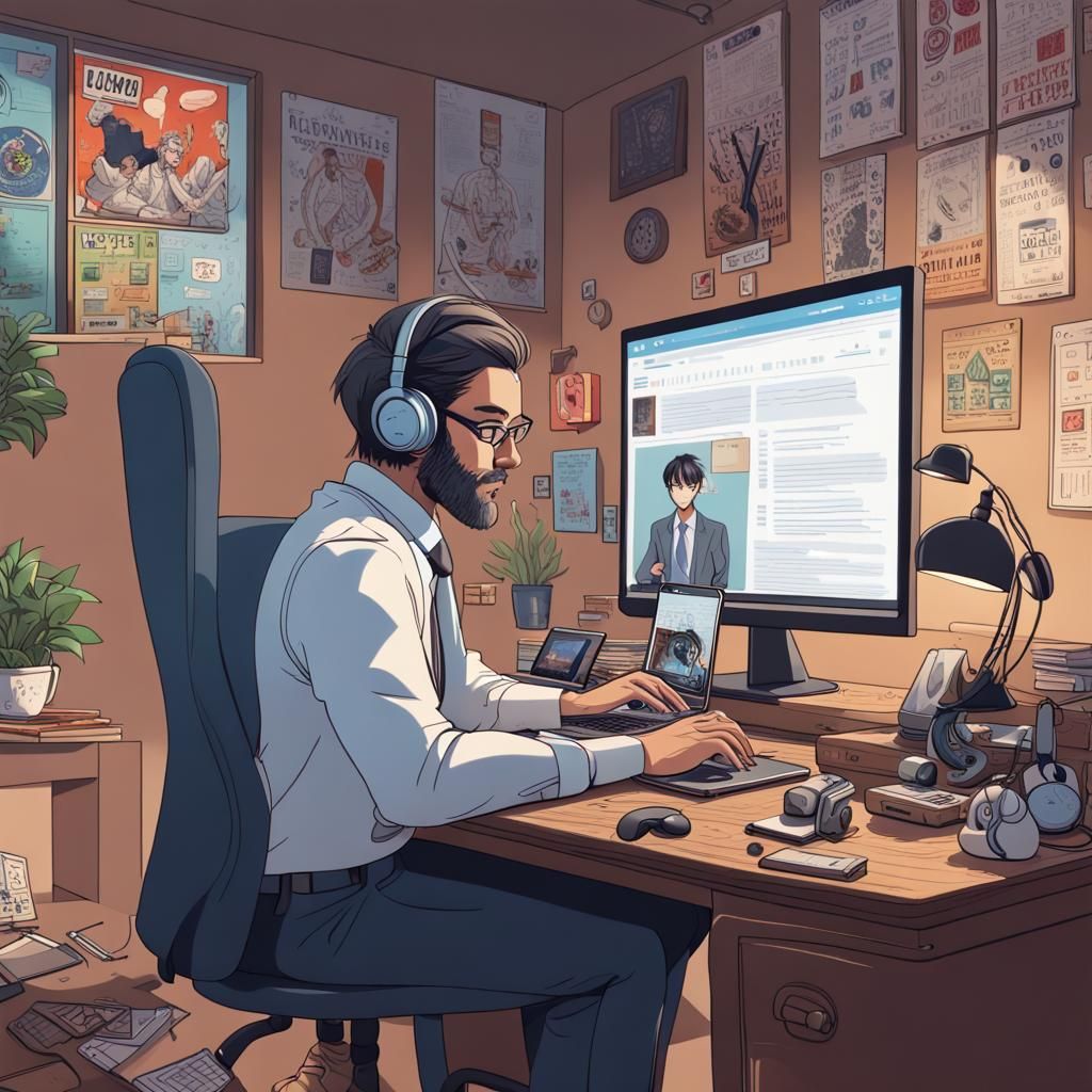 Man Working Remotely in Studio Ghibli Style