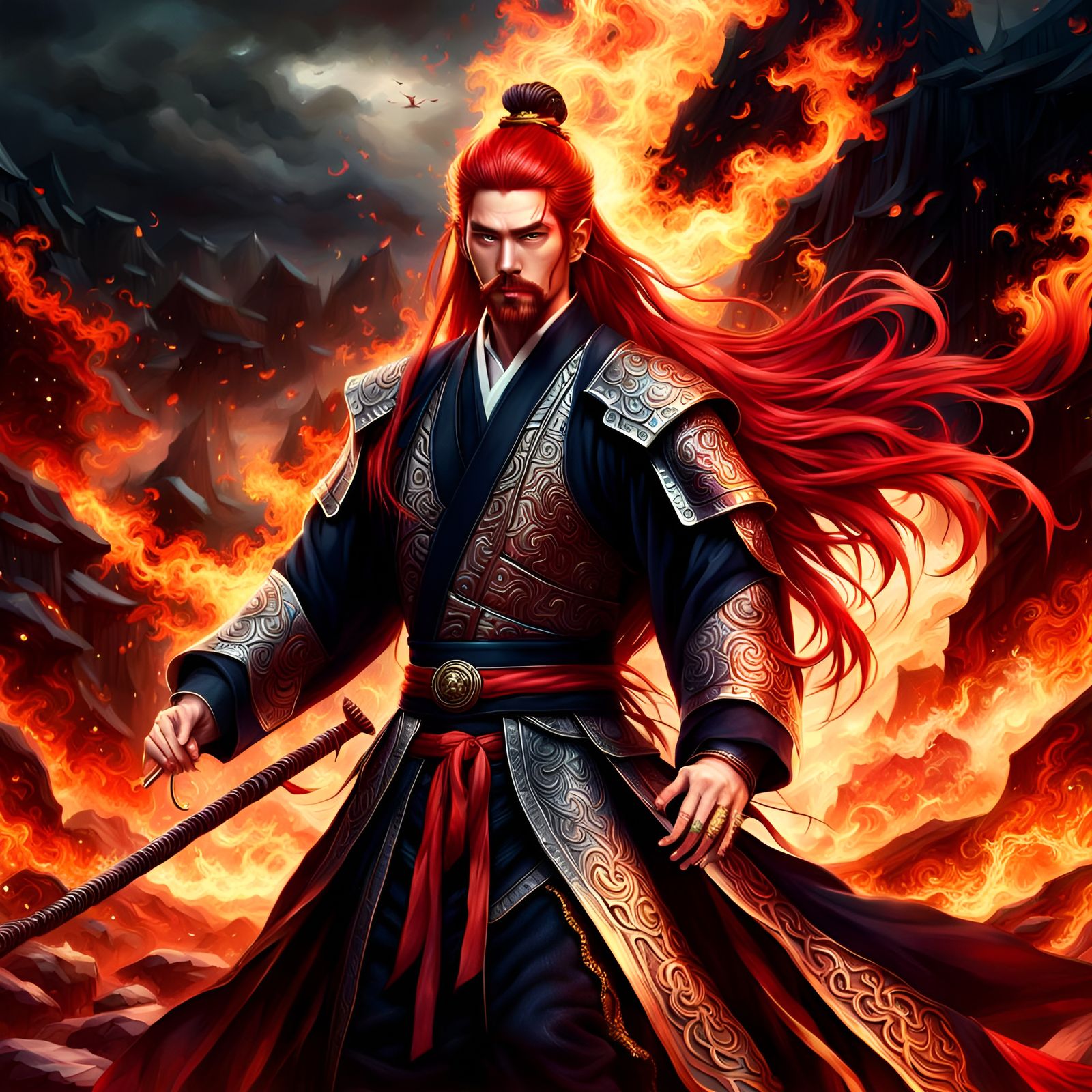 Korean Warrior with Fiery Hair in Digital Painting