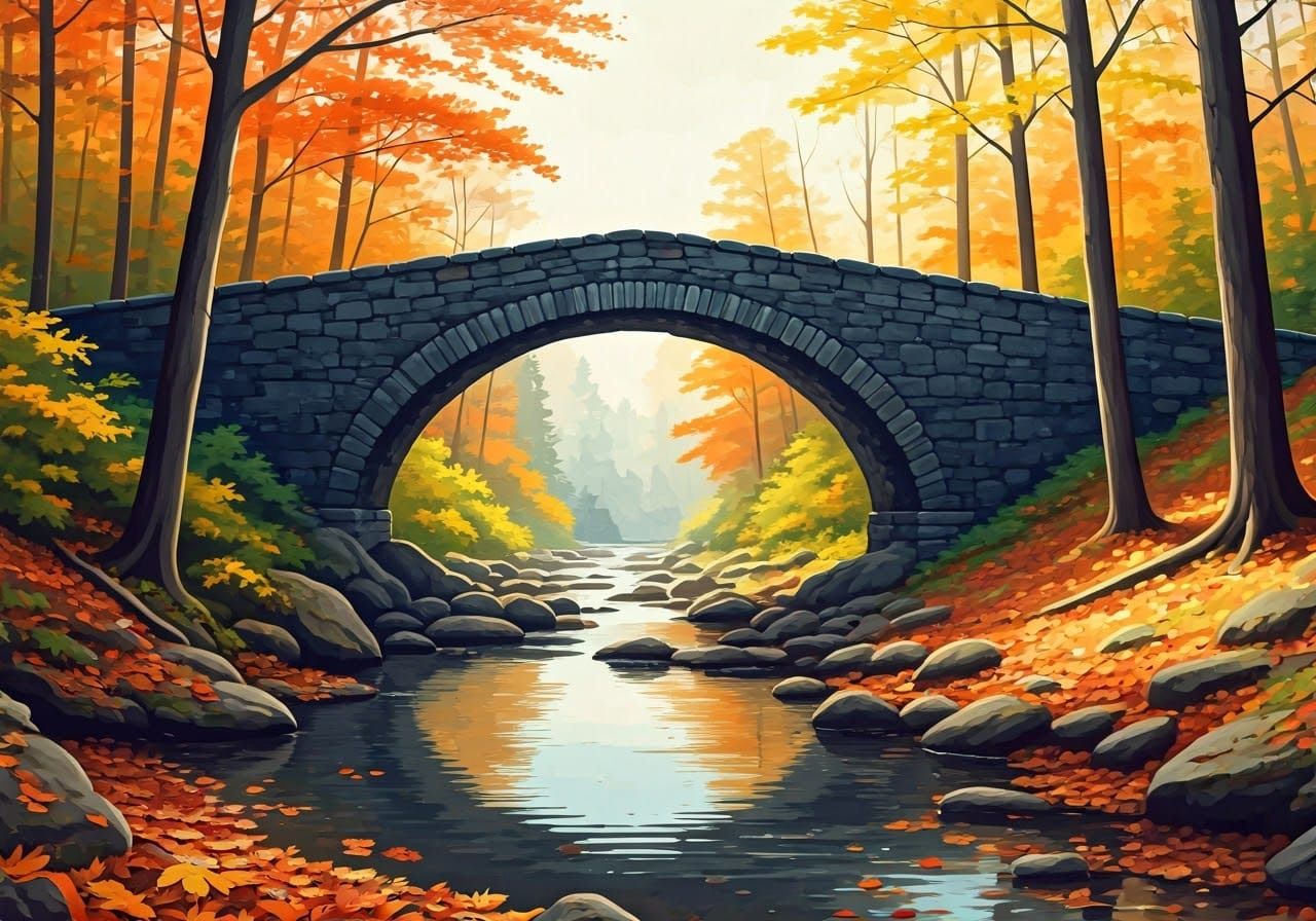 Autumn Bridge in Watercolor Style