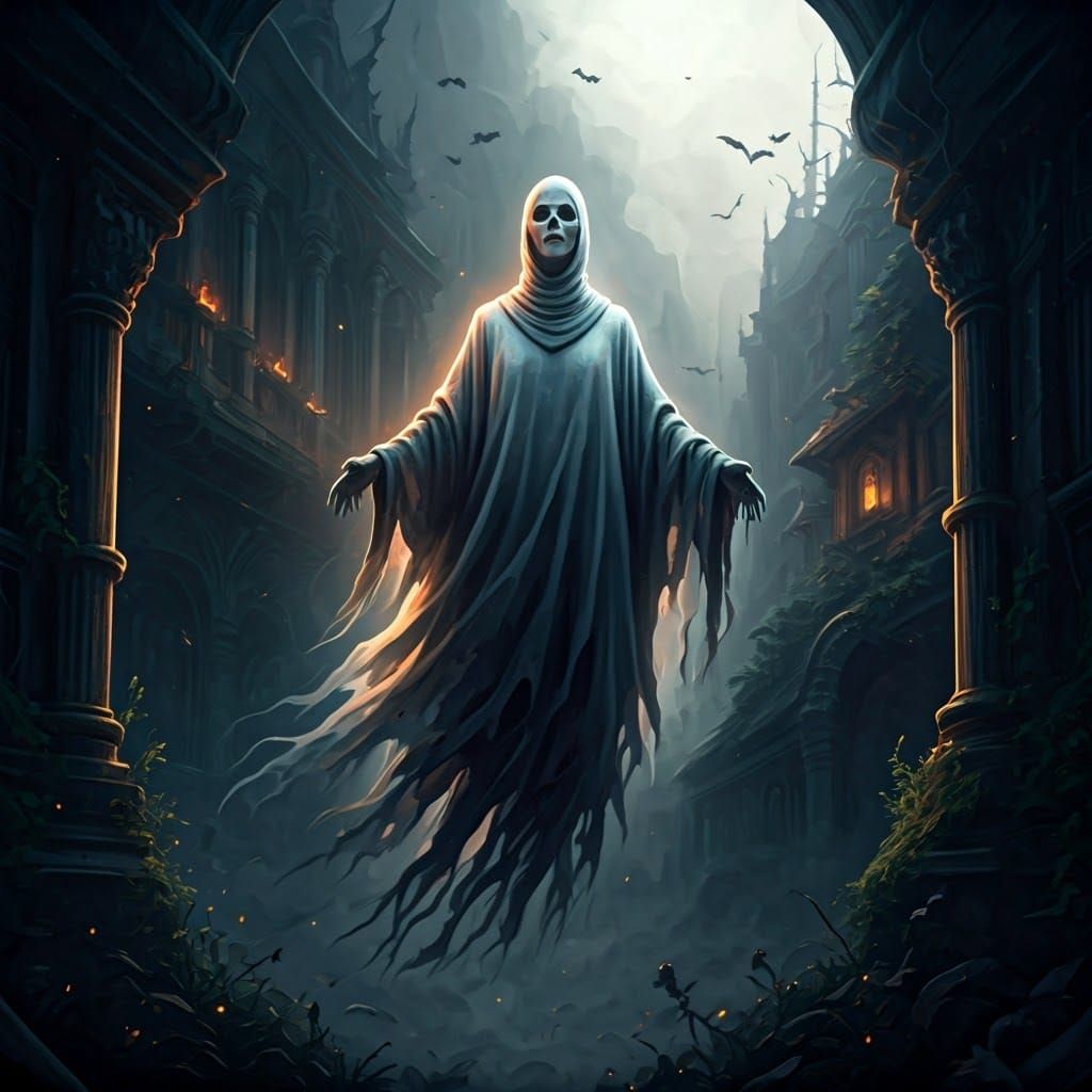 Ethereal Ghost in Dark Halloween Watercolor Art