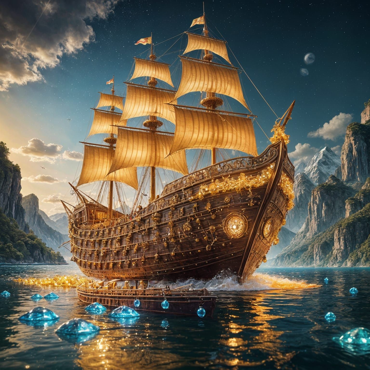 Surreal Honey Ship Sails on River of Diamonds Under Cinemati...