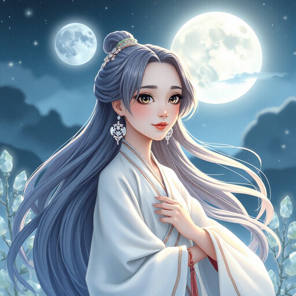 Ethereal Moon Goddess in Crystal Garden, Disney Style