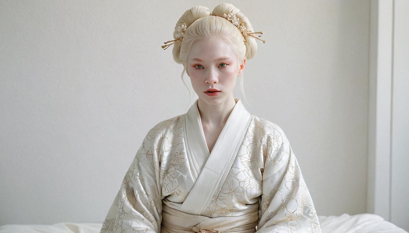 Ethereal Albino Geisha in White Silk: Concept Art