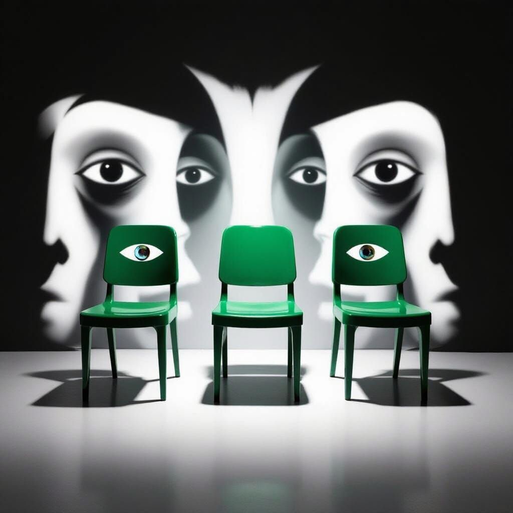 Surreal Green Chairs with Eyes in Dramatic Lighting