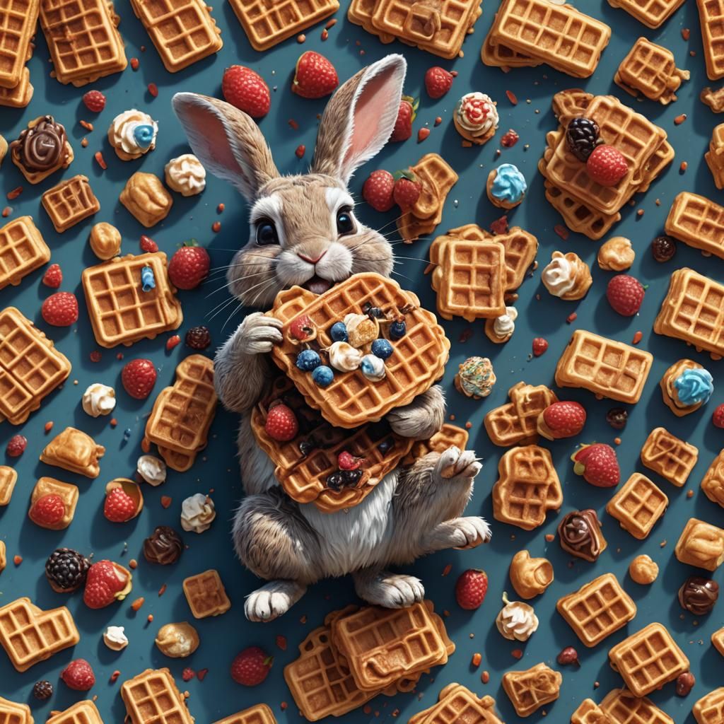 Tiny Bunny's Waffle Feast: Detailed Fantasy Art