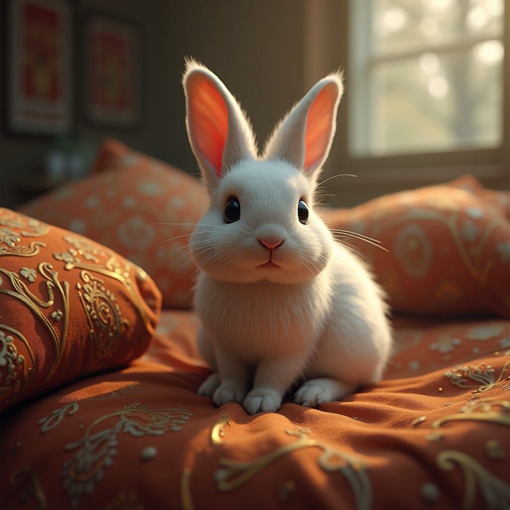 Whimsical Fantasy Rabbit on Plush Brown Bed