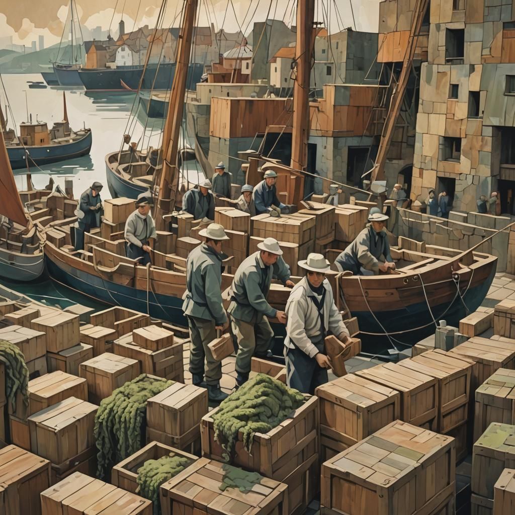 Cubist Seaport Scene with Cargo Unloading