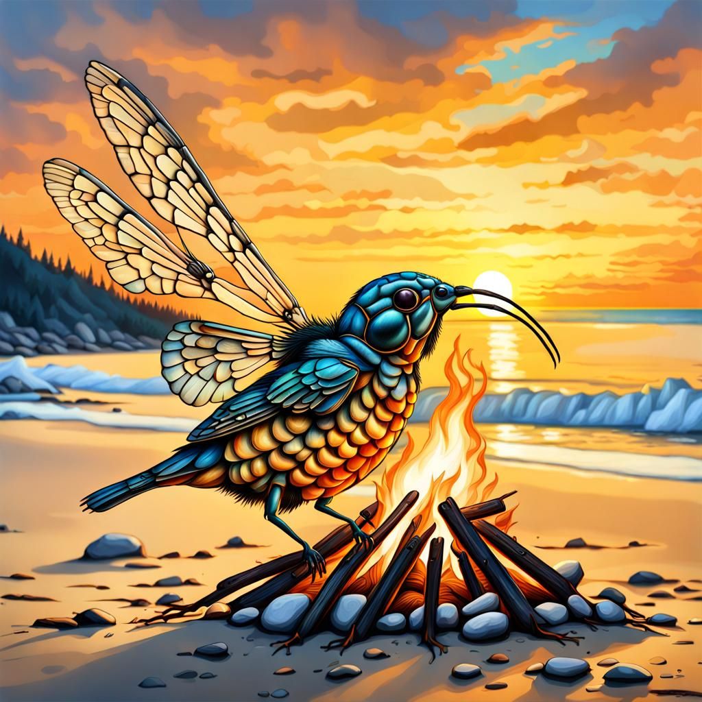 Bird and Cicada Cuddle at Campfire Sunset