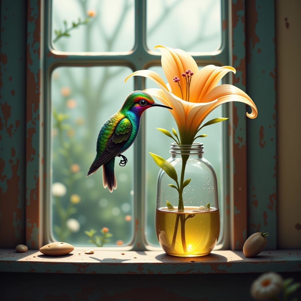 Hummingbird Feeds on Flower in a Jar