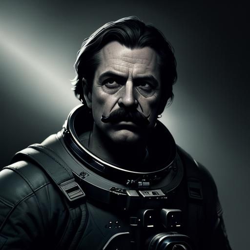 Astronaut in Spaceship with Space Hamlet, Film Noir Style