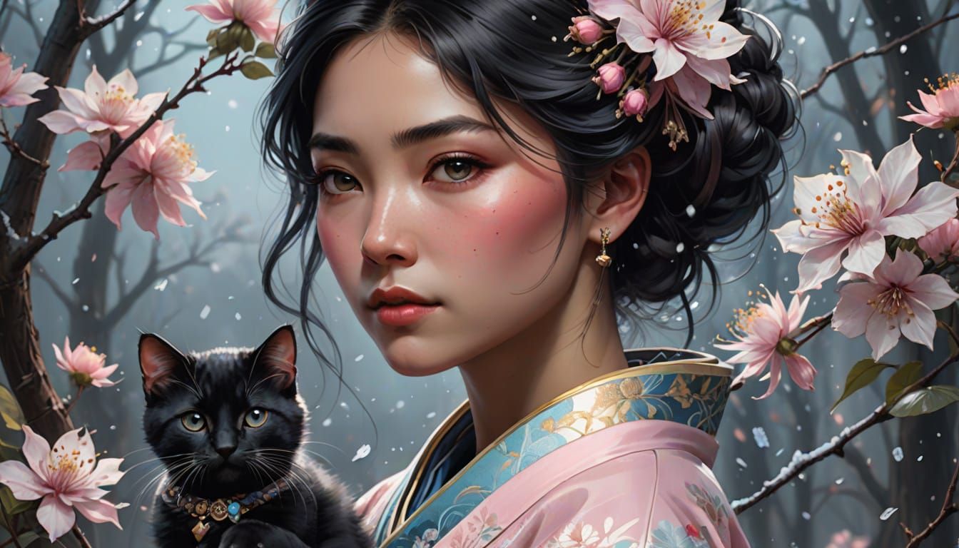 Japanese Girl Portrait in Acrylic Painting Style