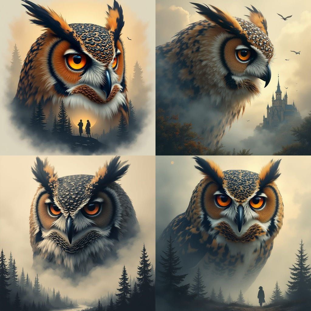 Tattoo Illustration of an Owl's Head Blending into Mist
