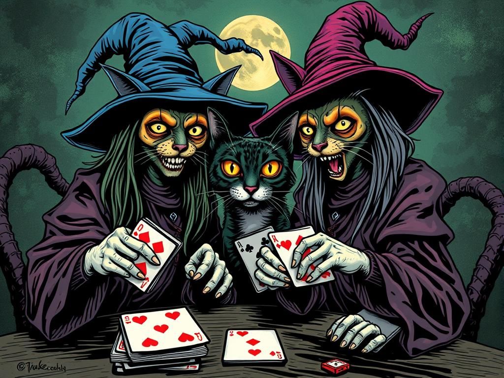 Witches Playing Cards During Cat Transformation: Grotesque C...