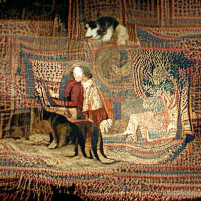 Dog and Cat in Vintage Tapestry Style
