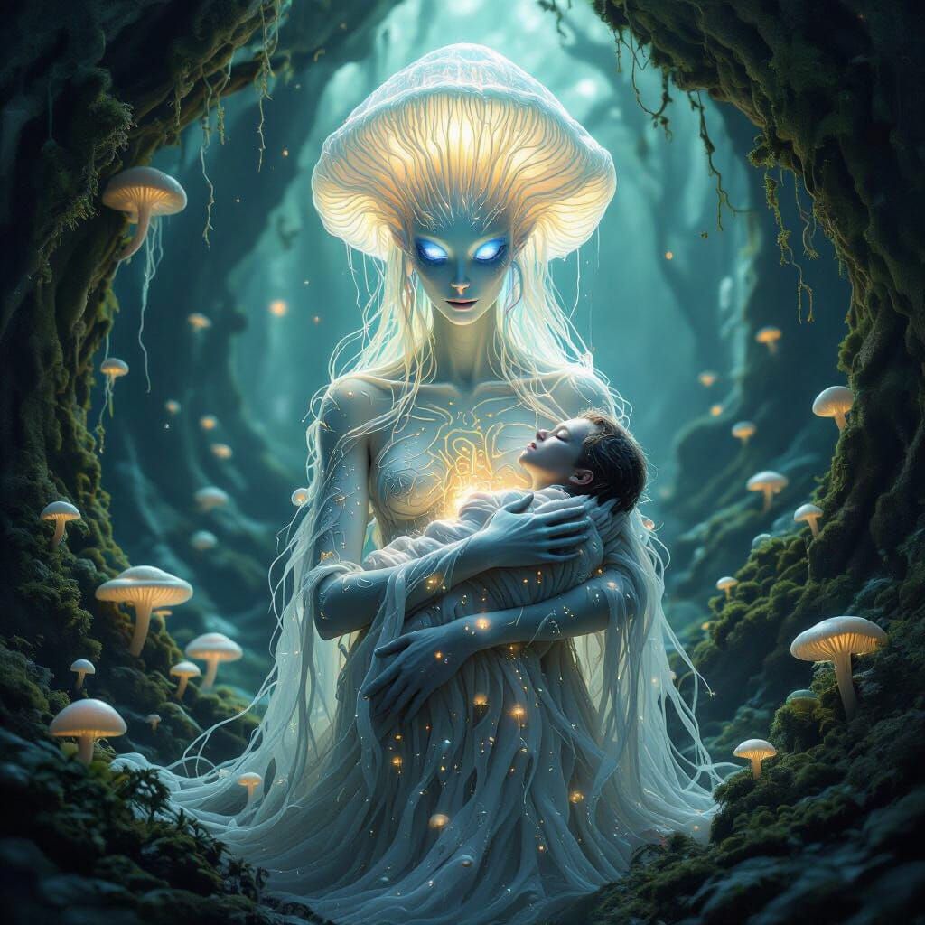 Alien Fungal Goddess Embraces Human in Bioluminescent Forest
