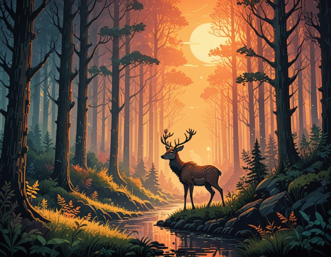 Enchanting Deer Guides Travelers in 8-Bit Pixel Art