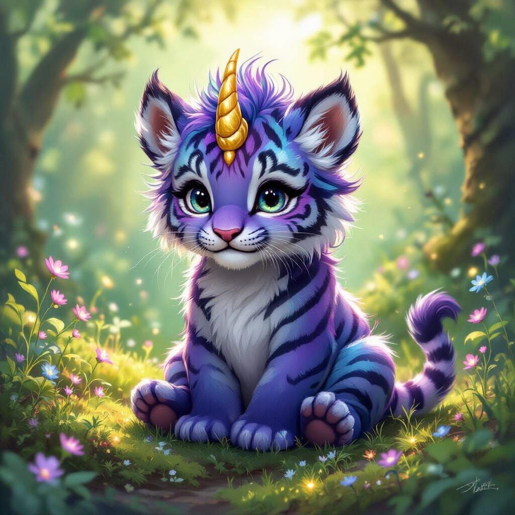 Whimsical Baby Tigercorn in Enchanted Forest