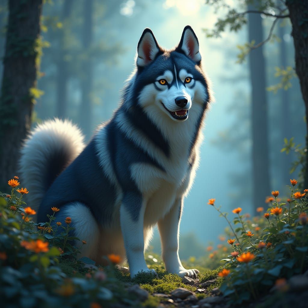Mystical Husky in Fantasy Forest Painting