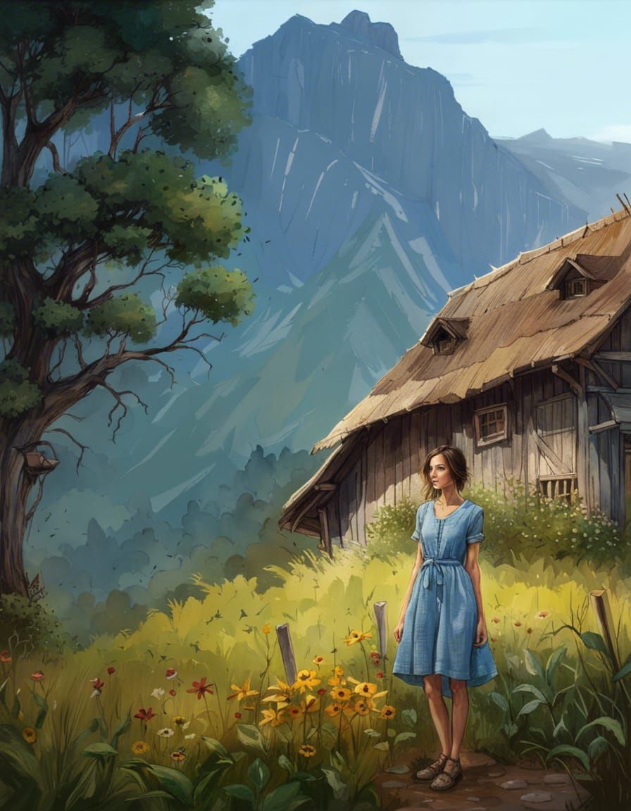 Woman in Chambray Dress at Rustic Cottage