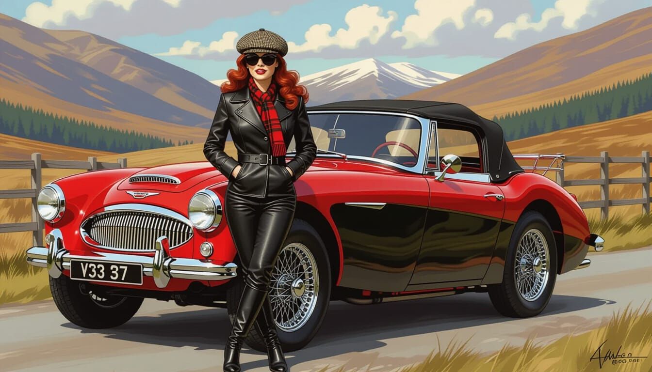Red-Haired Woman with Austin-Healey, Milo Manara Style